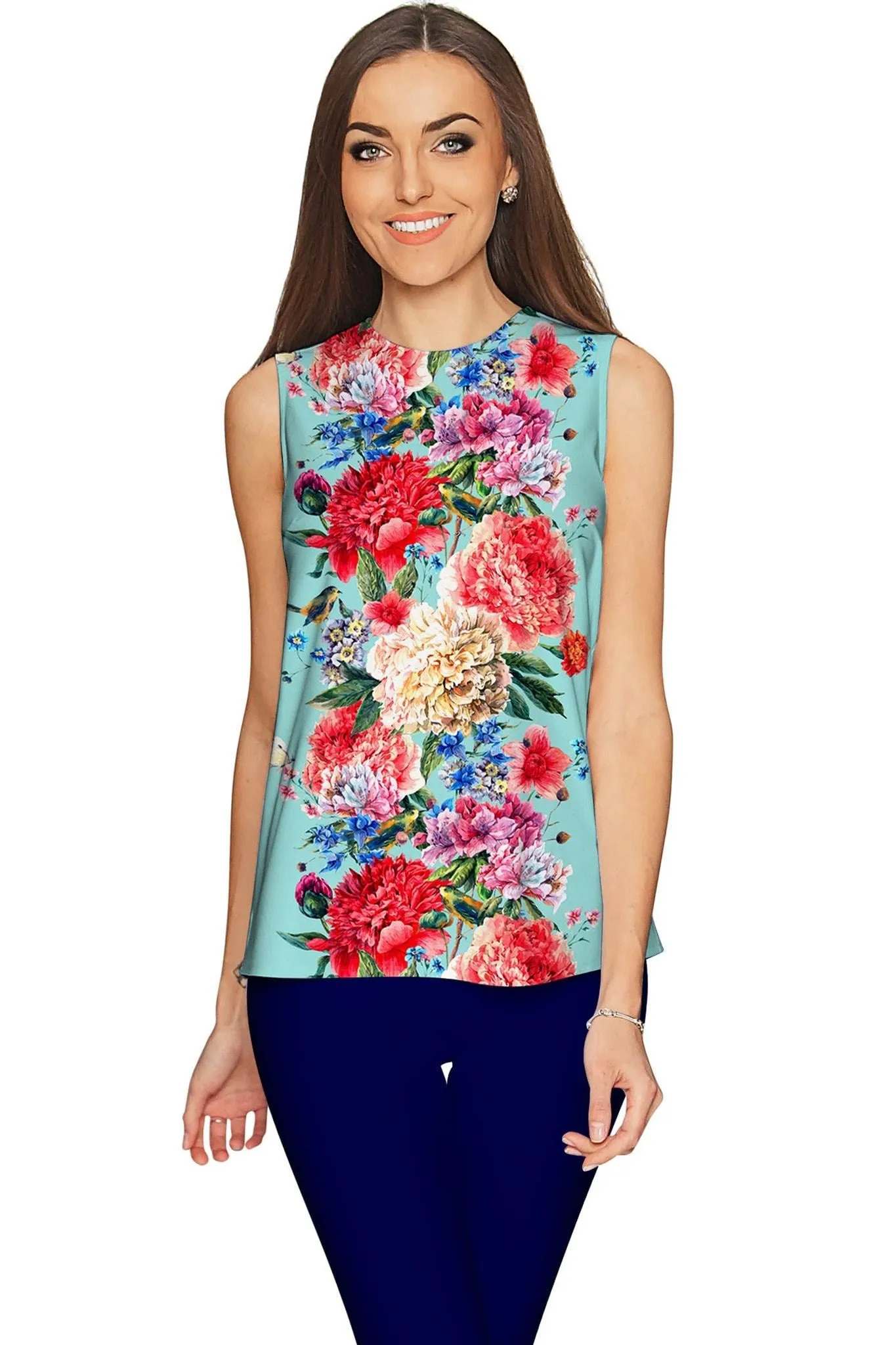 Amour Emily Blue Floral Print Sleeveless Dressy Top - Women