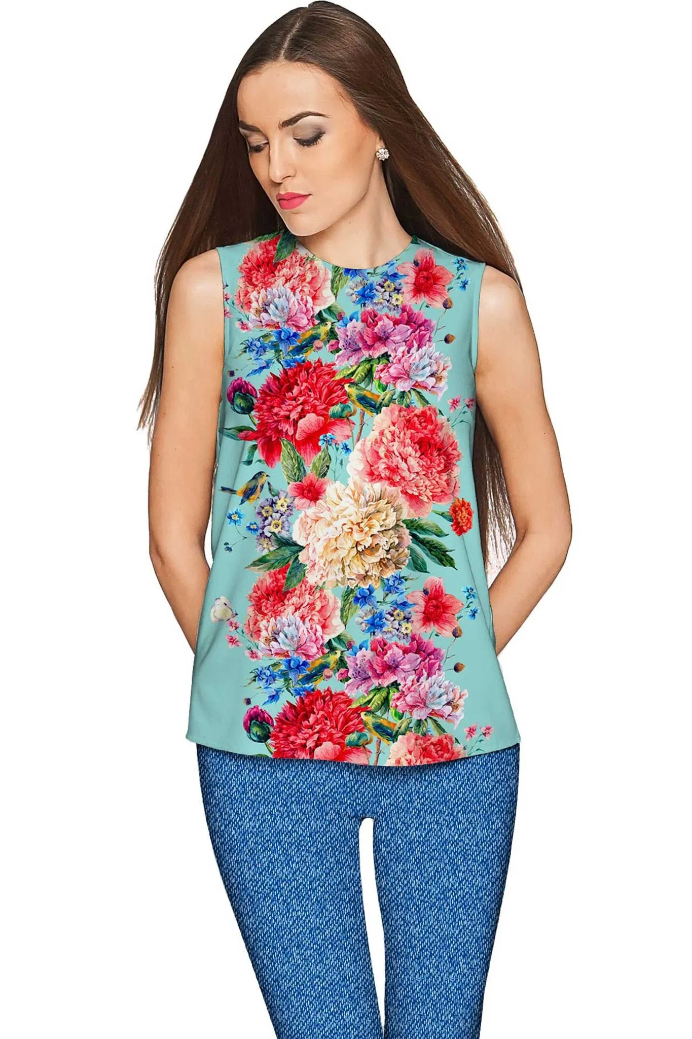 Amour Emily Blue Floral Print Sleeveless Dressy Top - Women