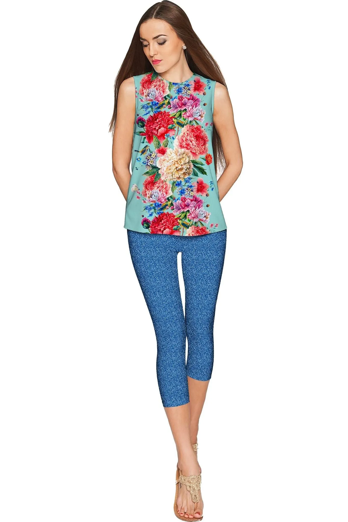 Amour Emily Blue Floral Print Sleeveless Dressy Top - Women