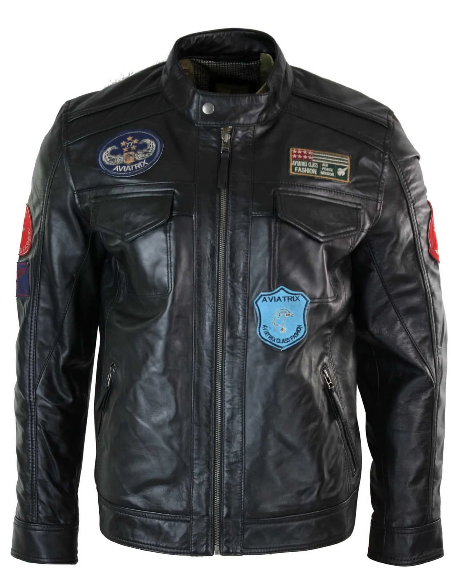 Aviatrix Real Leather Marker Mens Black Zip Jacket Badge Design Racing US Pilot Casual