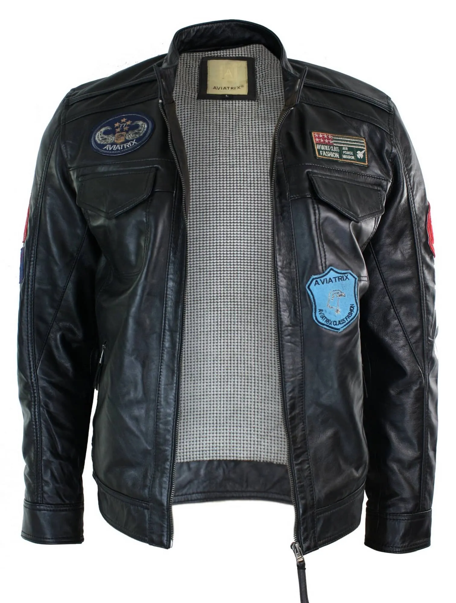 Aviatrix Real Leather Marker Mens Black Zip Jacket Badge Design Racing US Pilot Casual