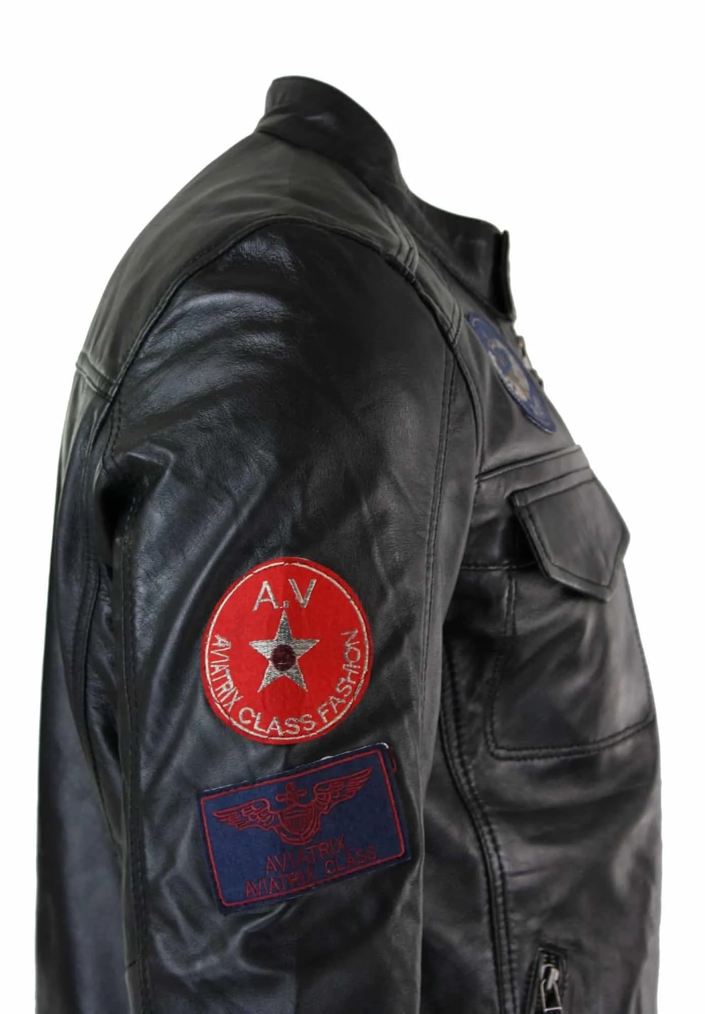 Aviatrix Real Leather Marker Mens Black Zip Jacket Badge Design Racing US Pilot Casual