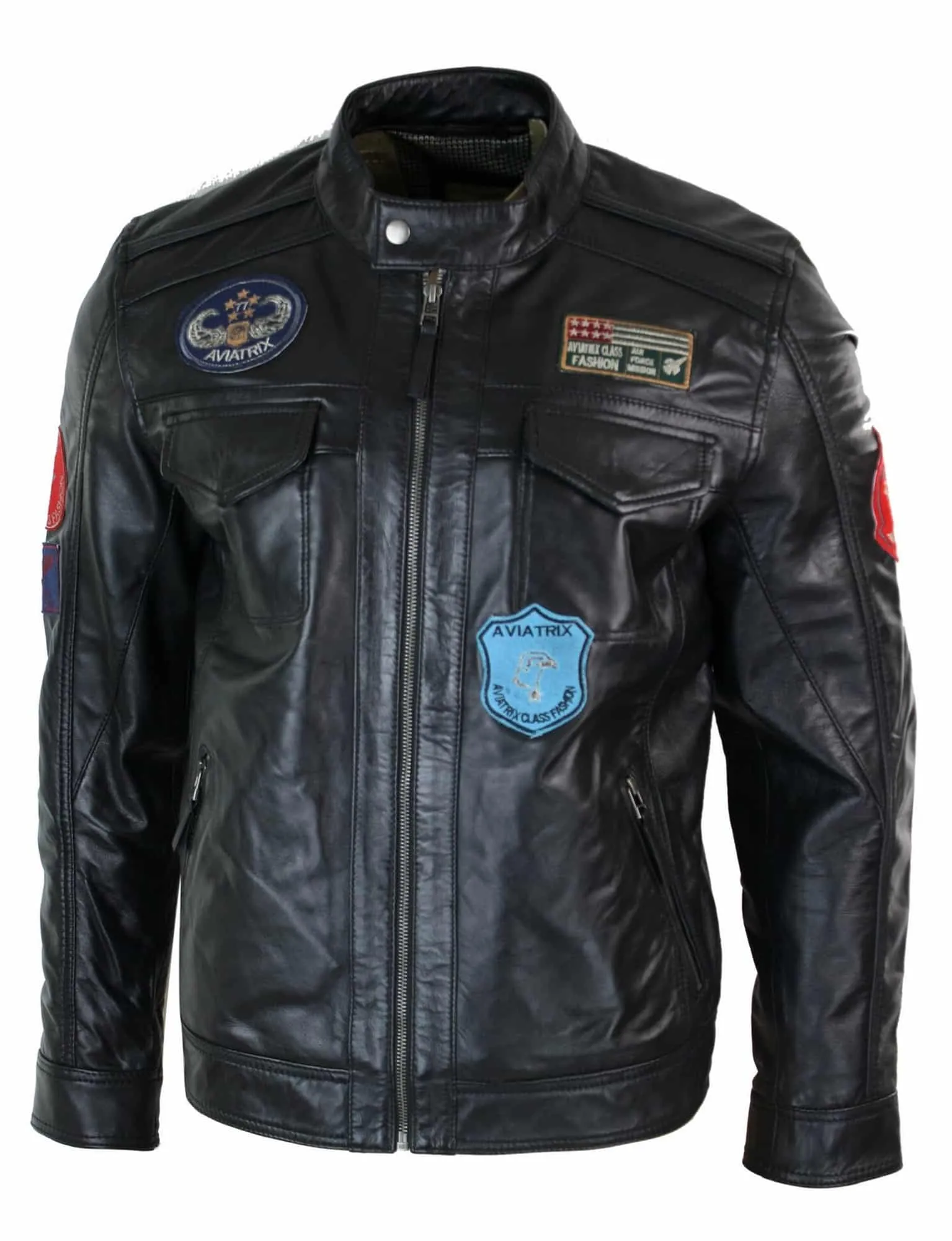 Aviatrix Real Leather Marker Mens Black Zip Jacket Badge Design Racing US Pilot Casual