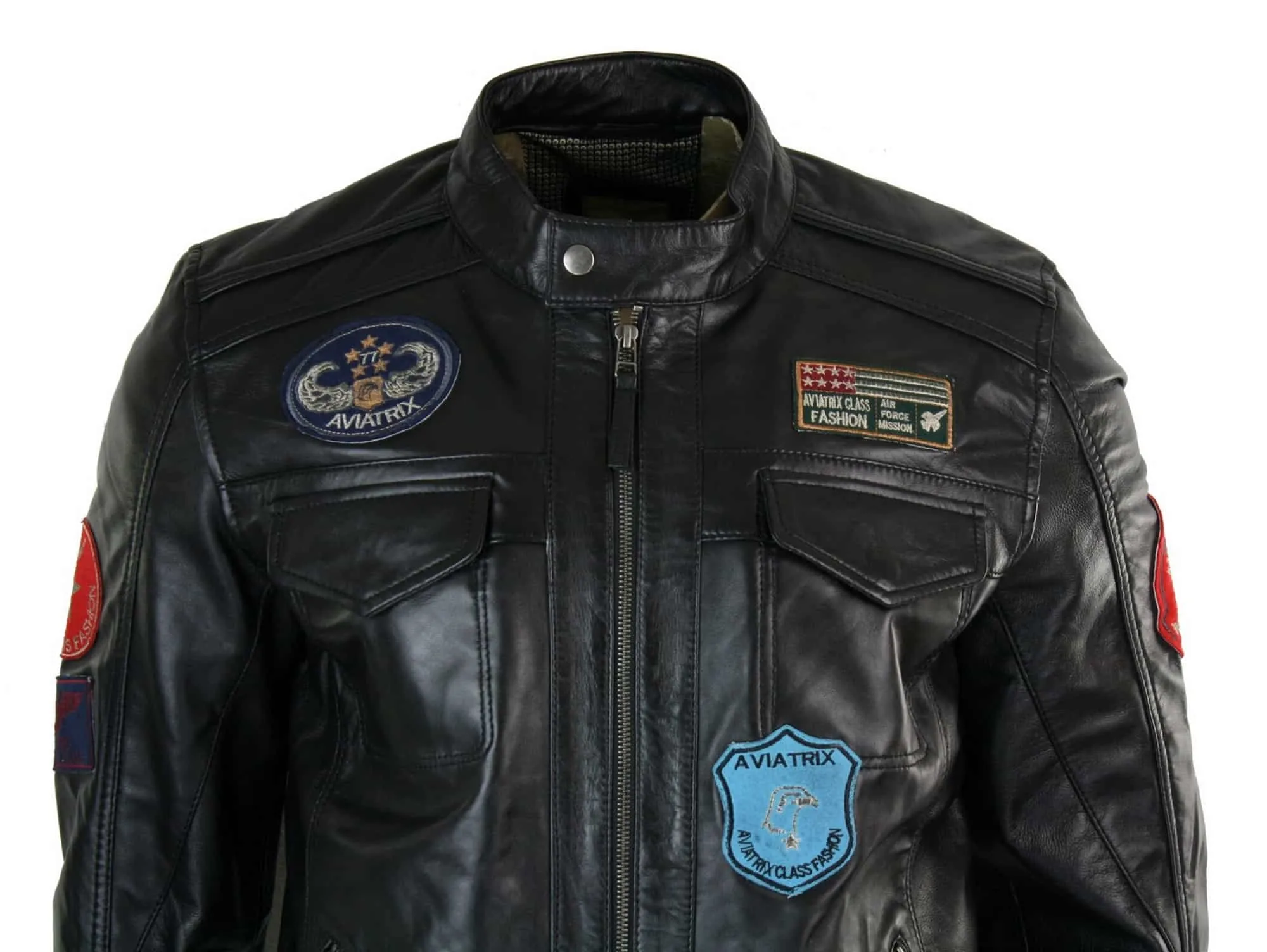 Aviatrix Real Leather Marker Mens Black Zip Jacket Badge Design Racing US Pilot Casual