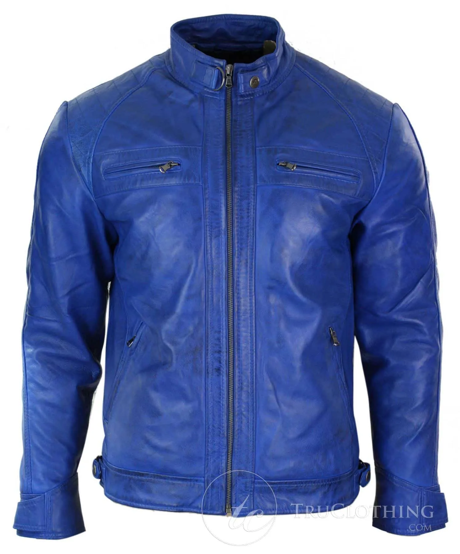 Aviatrix Real Leather Mens Retro Style Zipped Biker Jacket Soft Black Casual-Blue