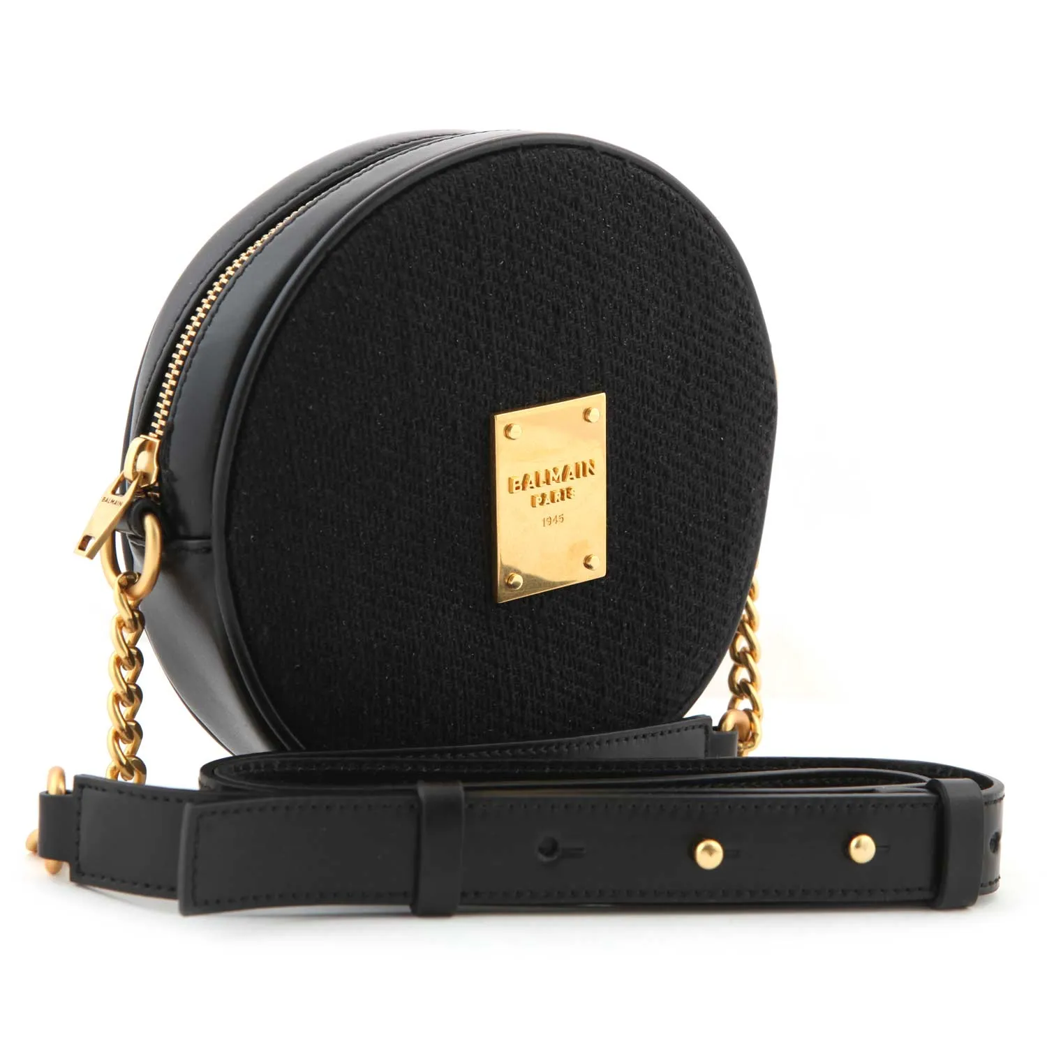 Balmain Black And Gold Round Shoulder Bag