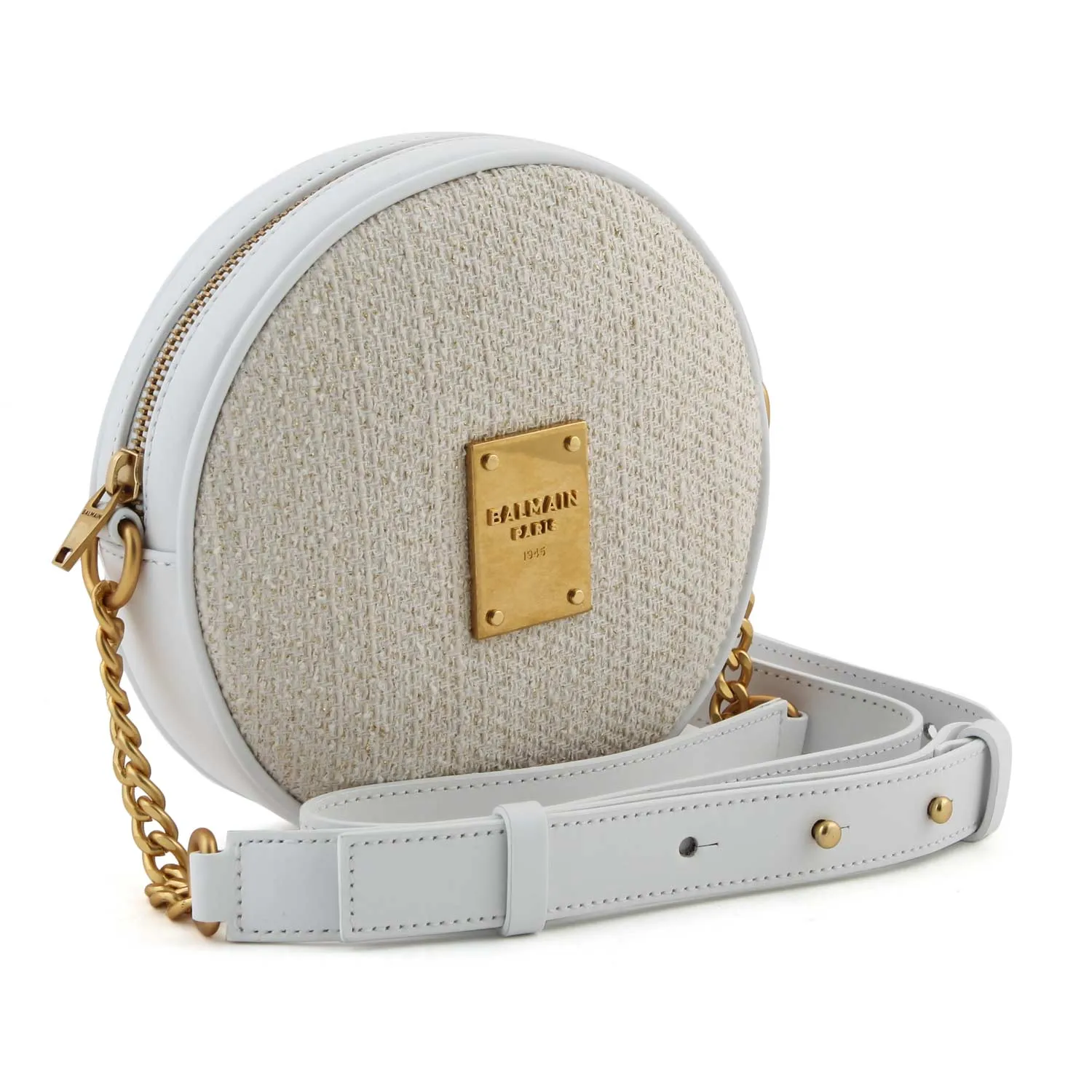 Balmain White And Gold Round Shoulder Bag