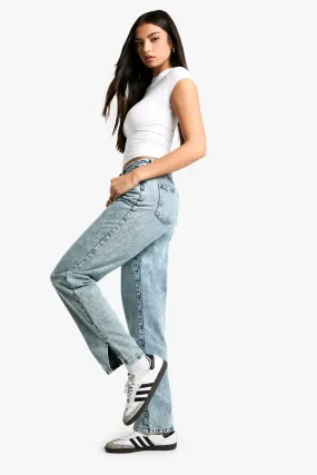 Basics High Waisted Split Hem Straight Leg Jeans in Light Blue