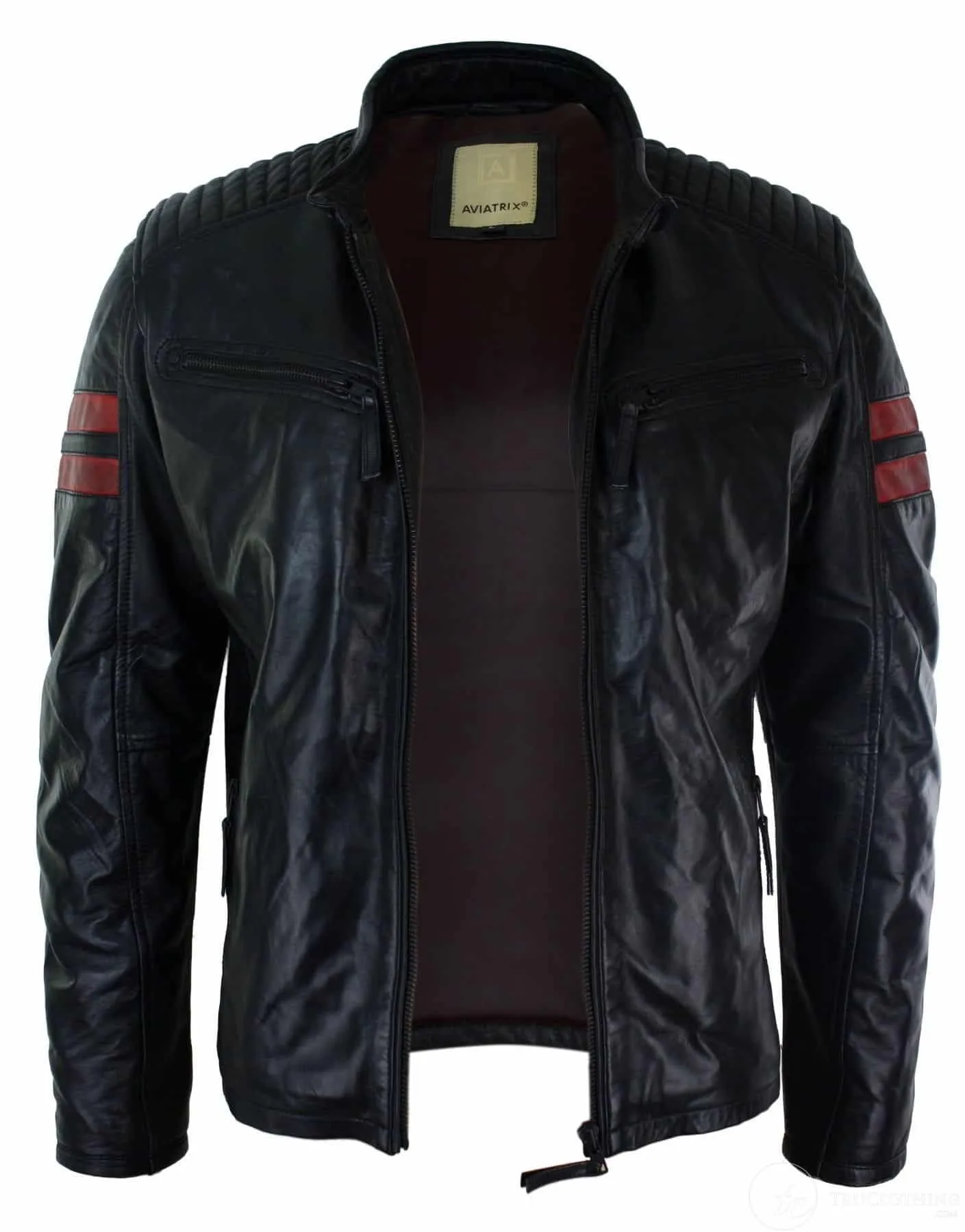 Black Real Leather Mens Bomber Jacket Red Stripes Quilted Slim Fit Casual-Black