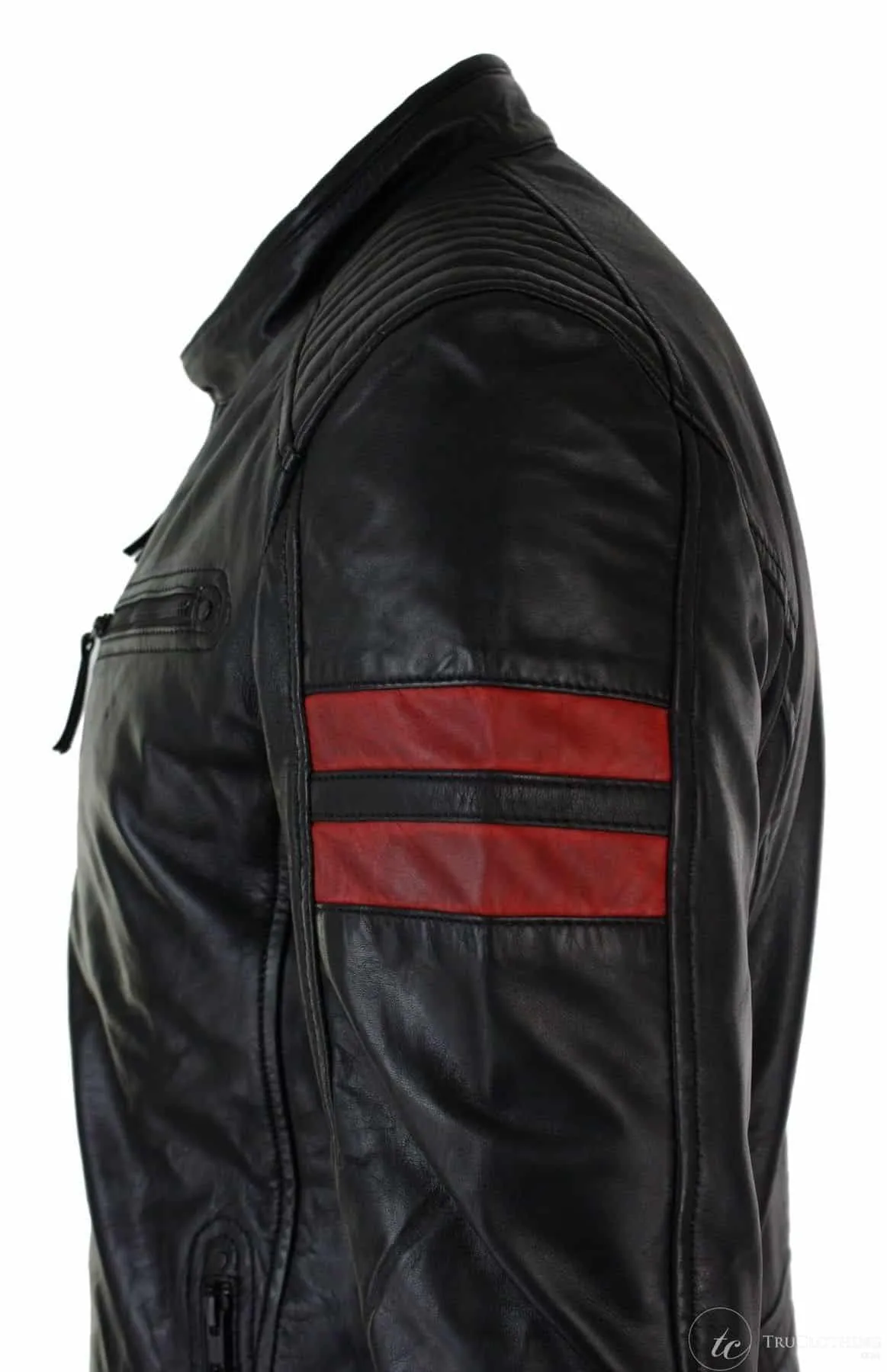 Black Real Leather Mens Bomber Jacket Red Stripes Quilted Slim Fit Casual-Black