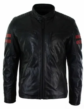 Black Real Leather Mens Bomber Jacket Red Stripes Quilted Slim Fit Casual-Black