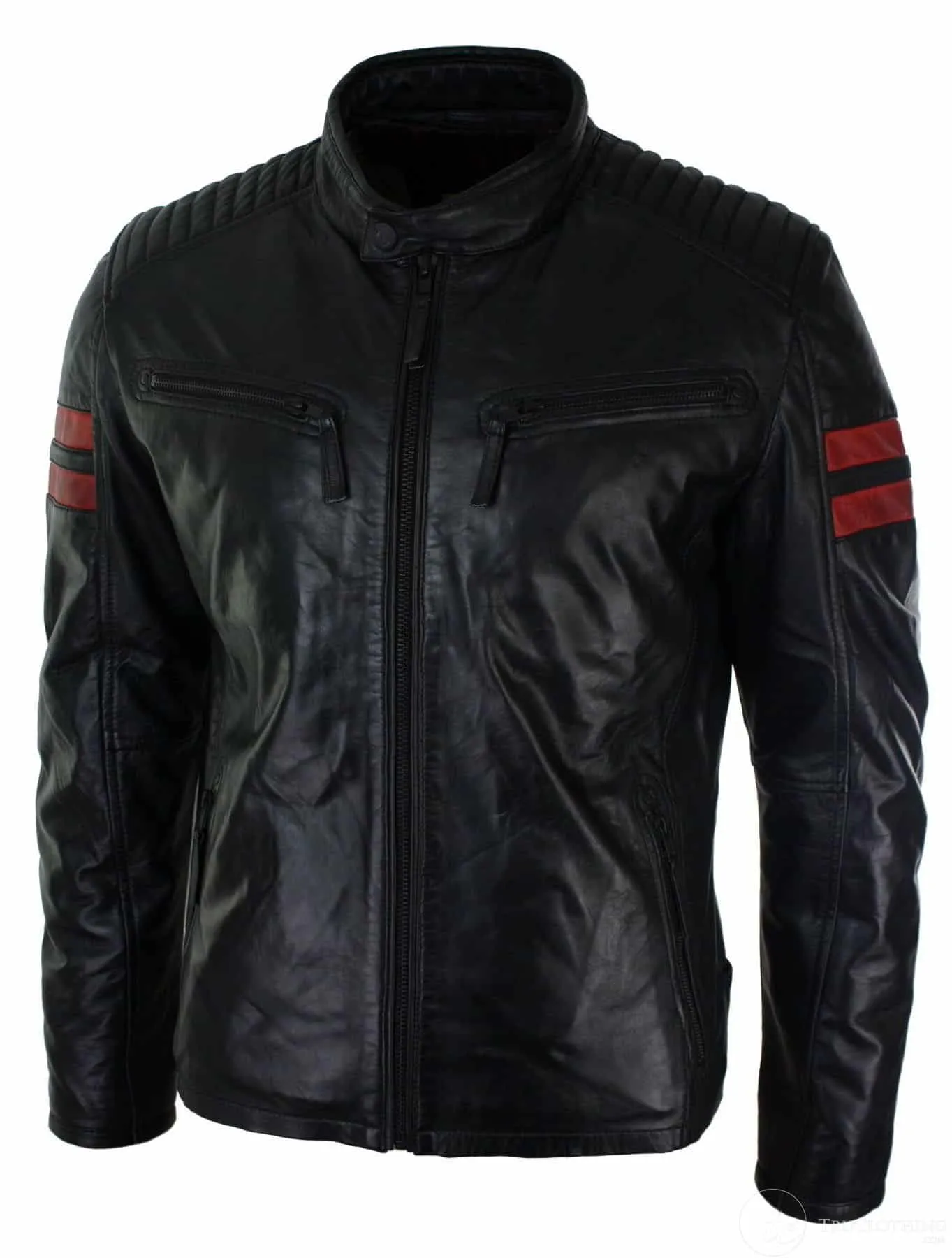 Black Real Leather Mens Bomber Jacket Red Stripes Quilted Slim Fit Casual-Black