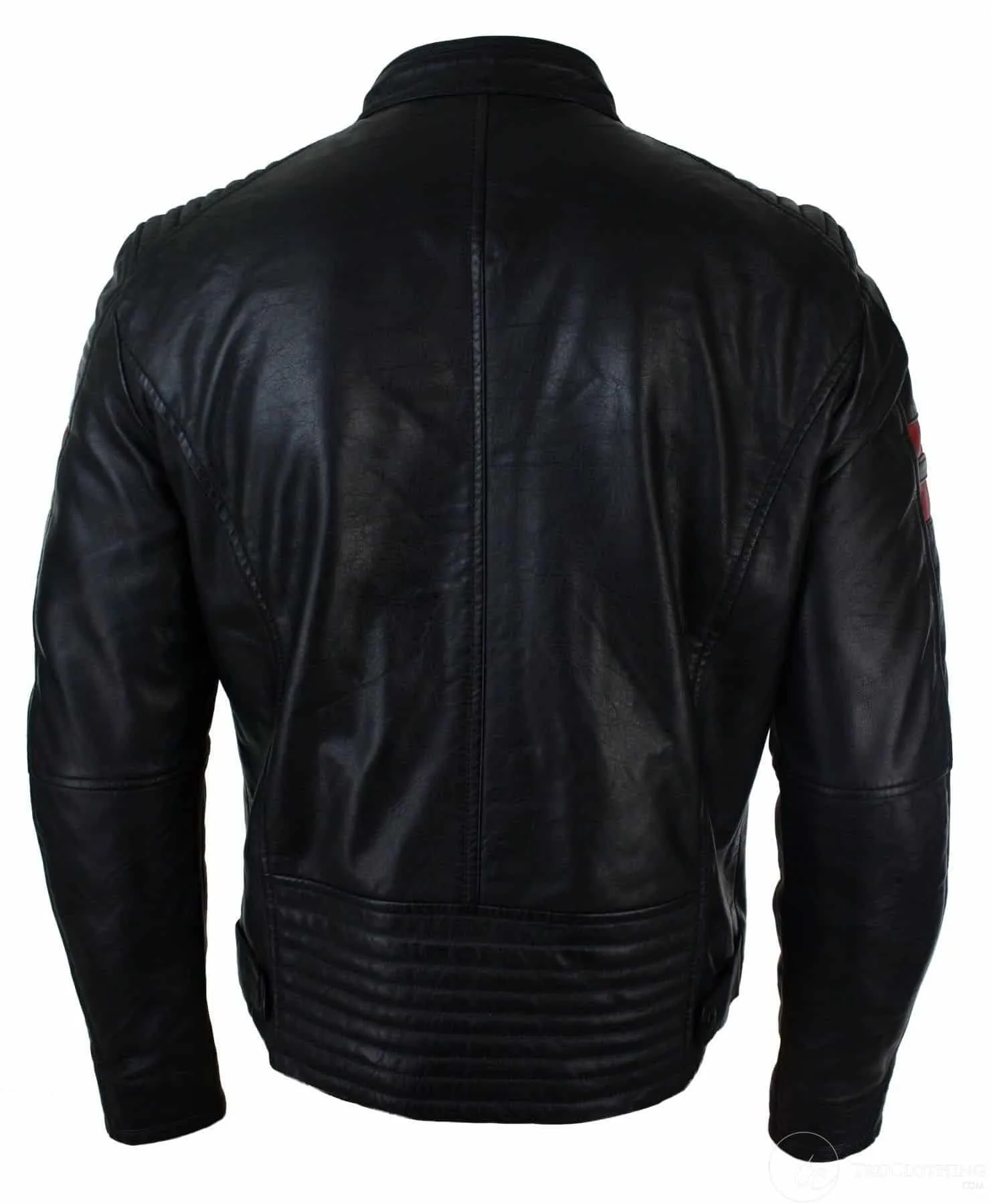 Black Real Leather Mens Bomber Jacket Red Stripes Quilted Slim Fit Casual-Black