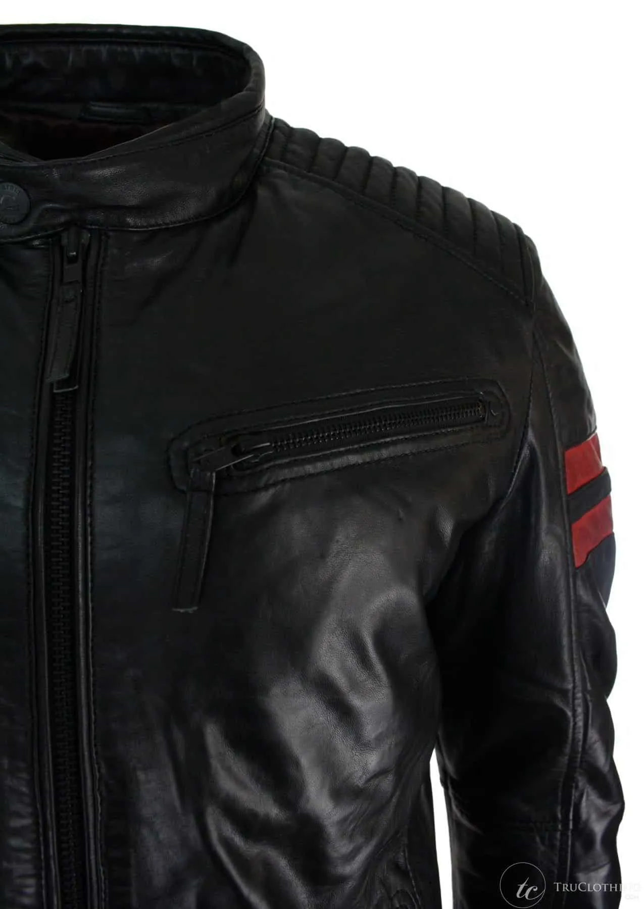 Black Real Leather Mens Bomber Jacket Red Stripes Quilted Slim Fit Casual-Black