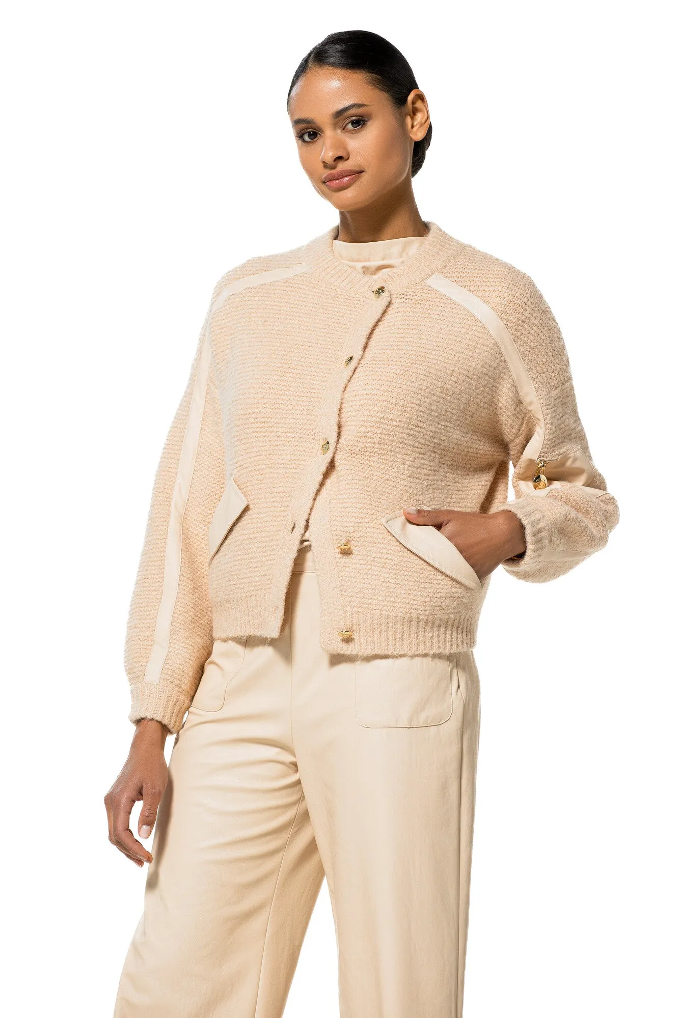 Caroline Biss BEIGE ASYMMETRIC ECO-LEATHER DETAIL CARDIGAN