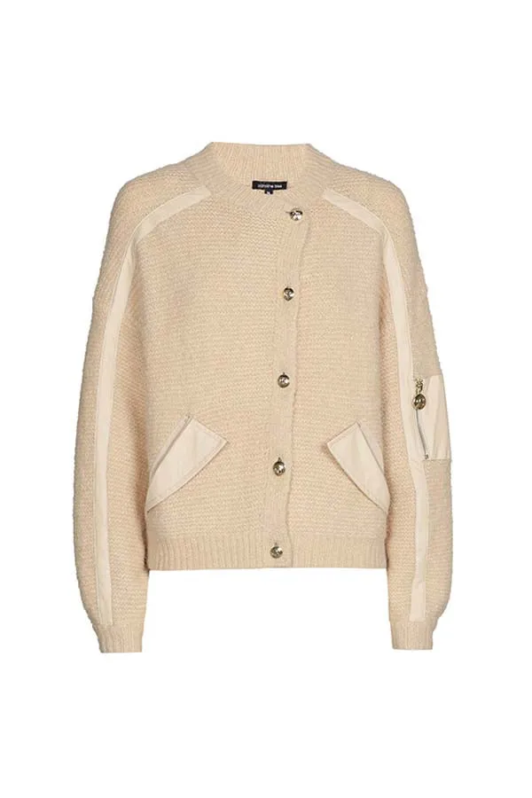 Caroline Biss BEIGE ASYMMETRIC ECO-LEATHER DETAIL CARDIGAN