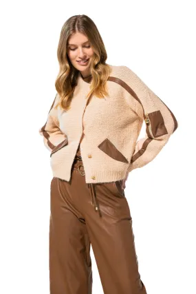 Caroline Biss BROWN ASYMMETRIC ECO-LEATHER DETAIL CARDIGAN