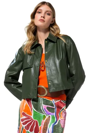 Caroline Biss DARK GREEN SHORT VINTAGE LEATHER CARDIGAN