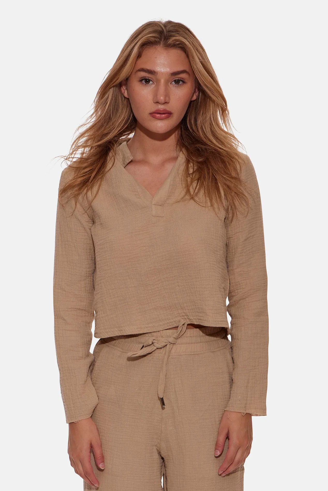 Cassie Gauze Polo Top Sand