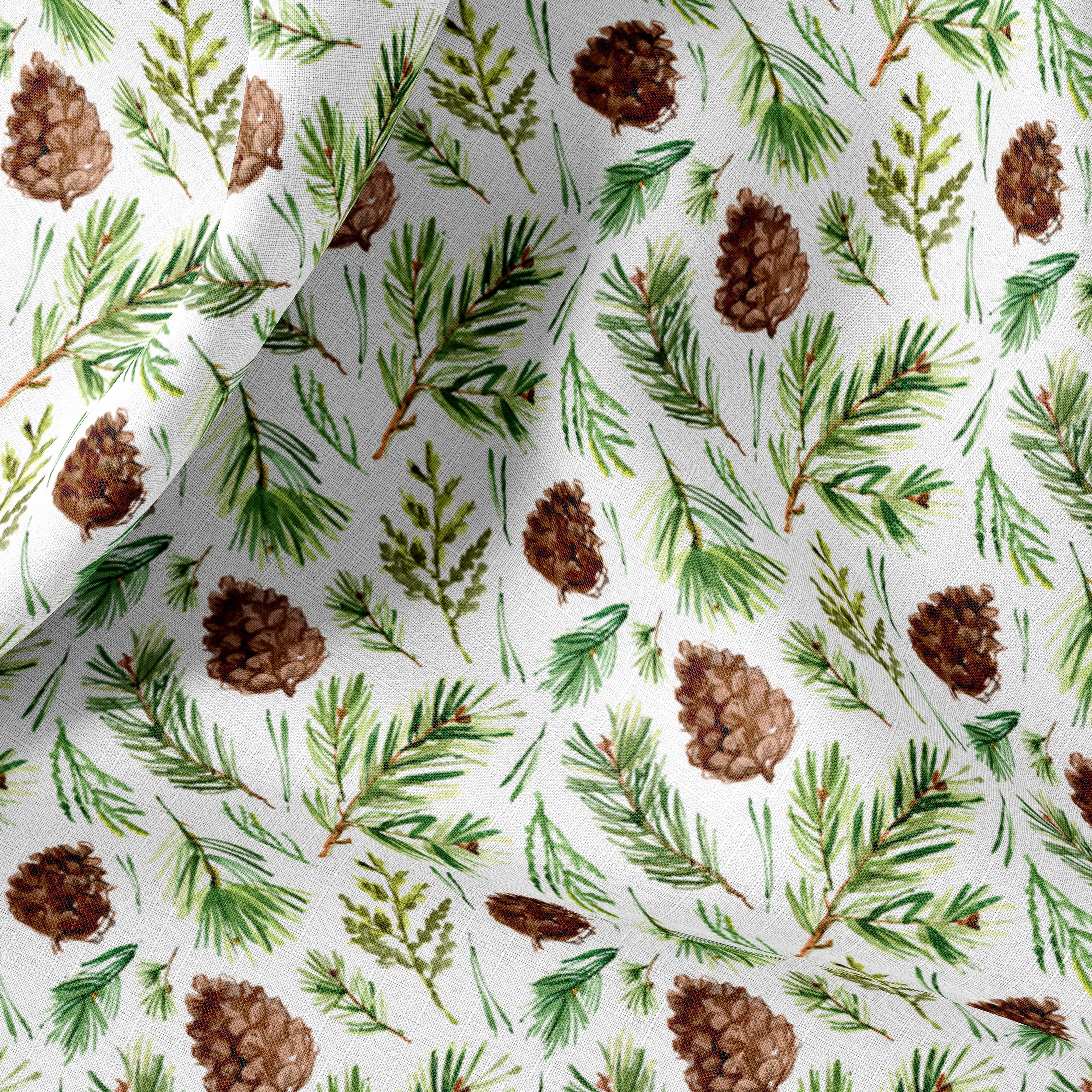 Christmas Print Linen By The Yard or Meter, Vintage Pinecones Print Linen Fabric For Bedding, Curtains, Clothing & Upholstery