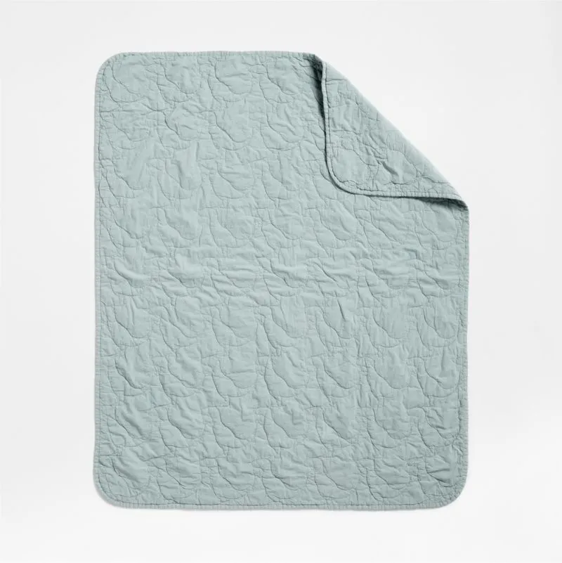 Crate&Barrel Sunwashed Misty Blue Dino Organic Cotton Baby Crib Quilt