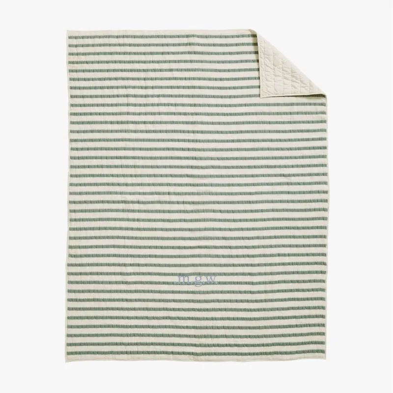 Crate&Barrel Teal Striped Waffle Weave Organic Cotton Kids Twin Quilt