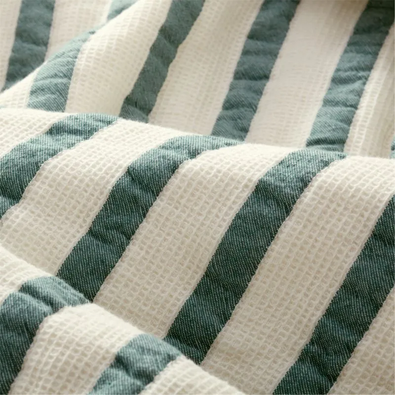 Crate&Barrel Teal Striped Waffle Weave Organic Cotton Kids Twin Quilt