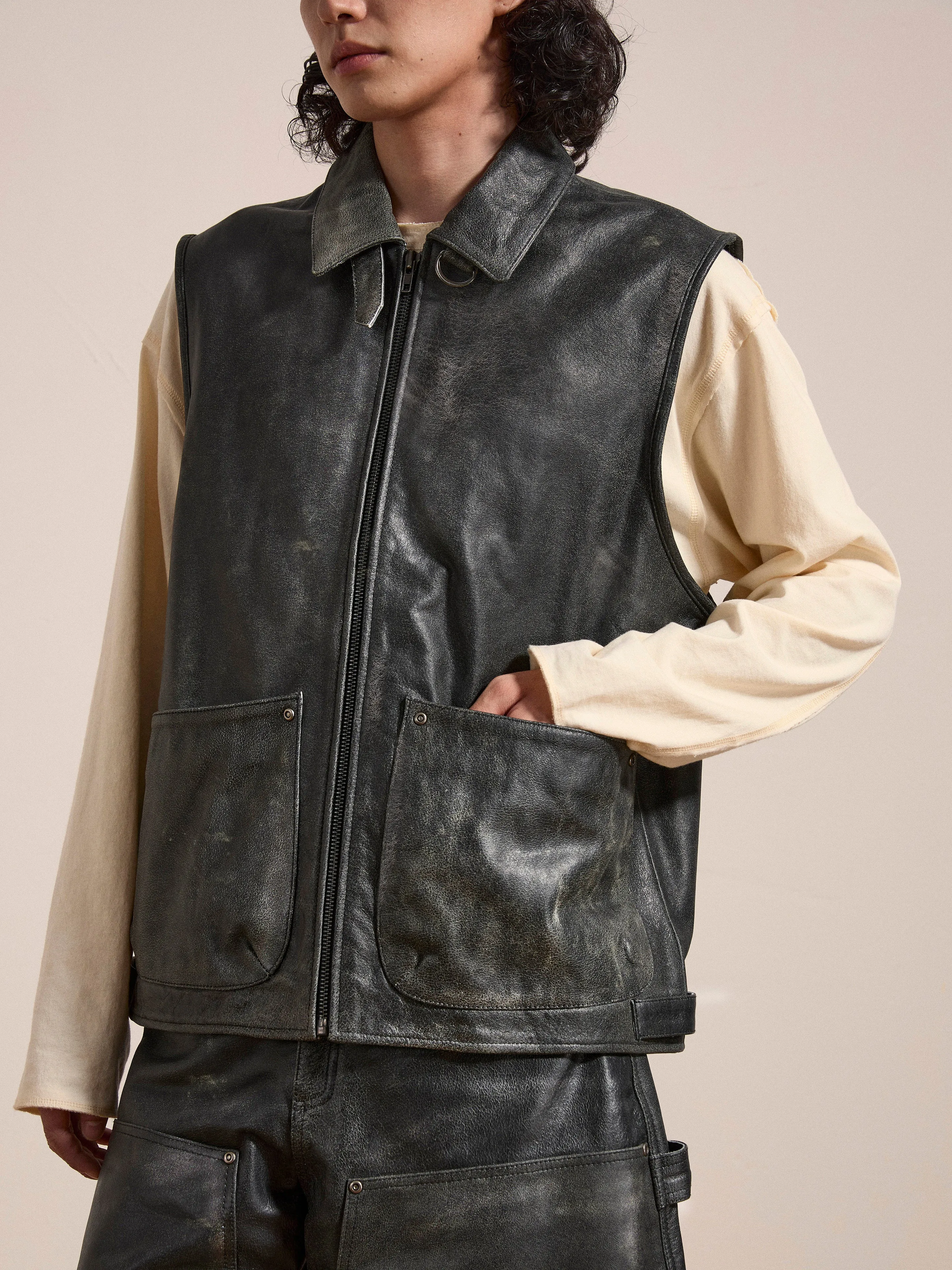 Distressed Genuine Leather Pocket Vest