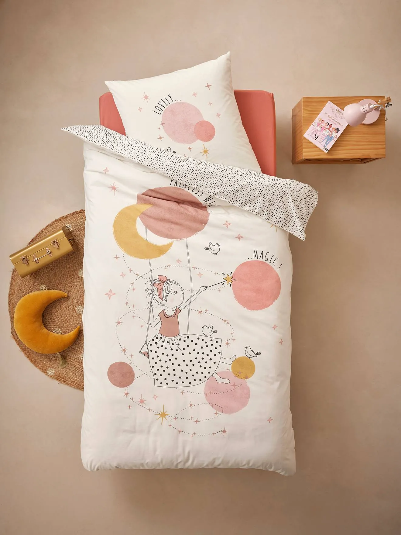 Duvet Cover + Pillowcase Set with Recycled Cotton for Children, Poetry Princess - printed white