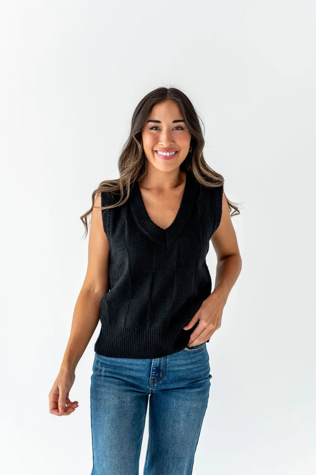 Edie Checkered Sweater Vest in Black