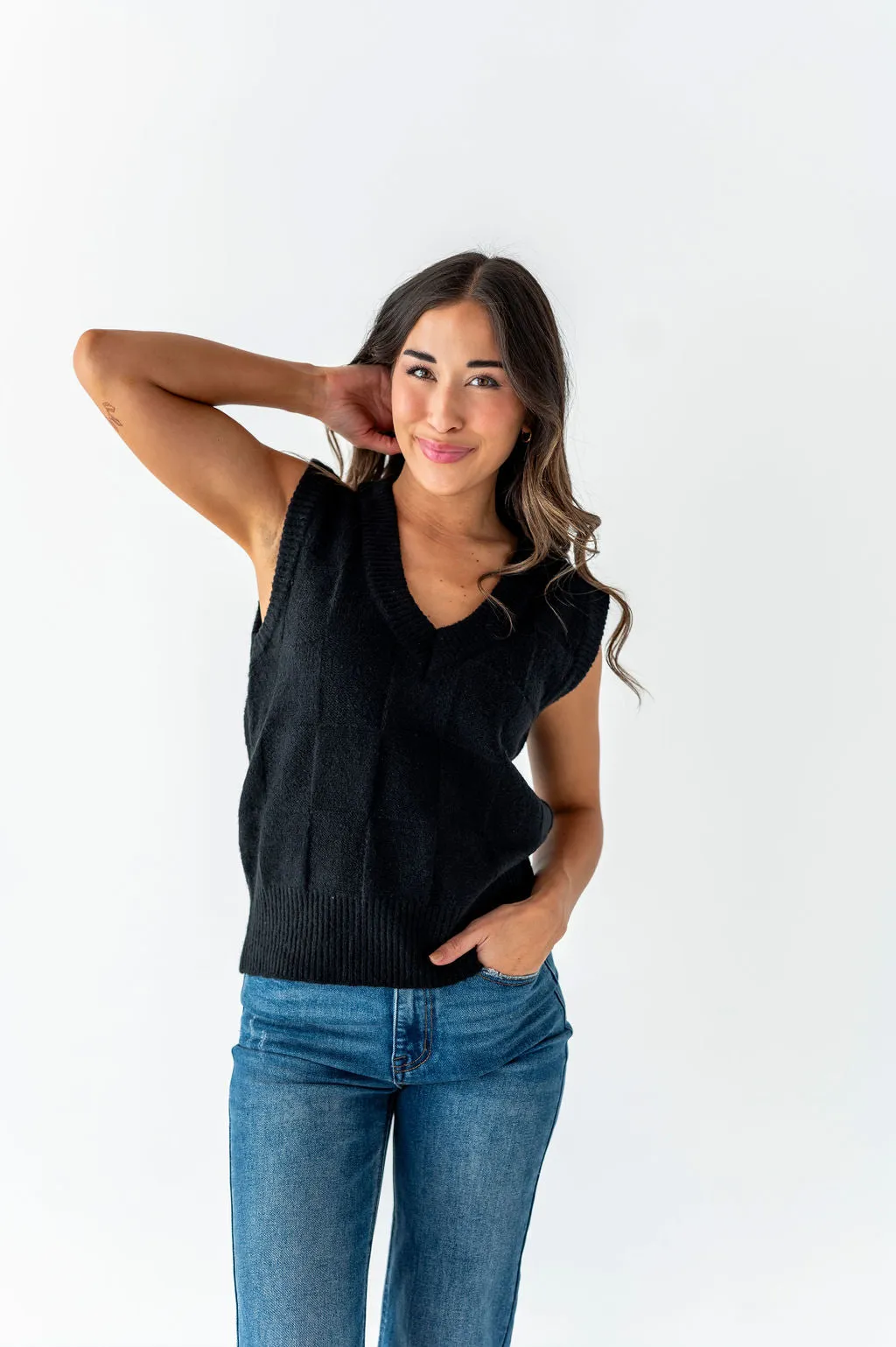 Edie Checkered Sweater Vest in Black