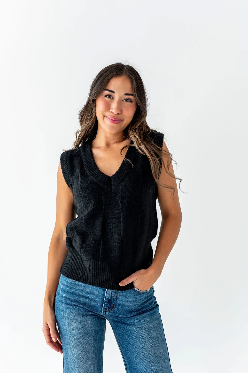 Edie Checkered Sweater Vest in Black