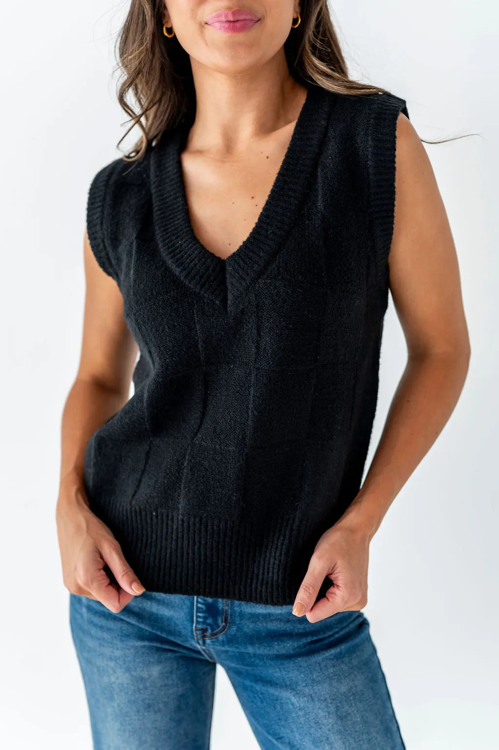 Edie Checkered Sweater Vest in Black