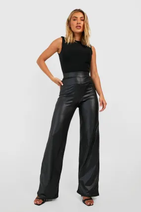 Faux Leather Jersey Knit Deep Waistband Wide Leg Pants