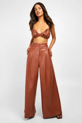 Faux Leather Pleat Front Wide Leg Pants