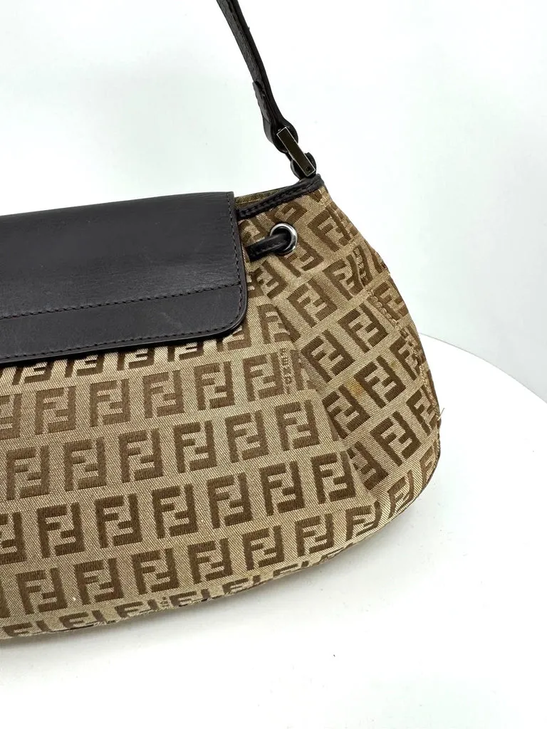 FENDI ZUCCHINO VINTAGE CANVAS & LEATHER SHOULDER BAG