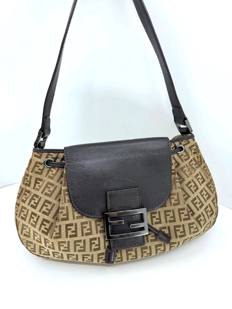 FENDI ZUCCHINO VINTAGE CANVAS & LEATHER SHOULDER BAG