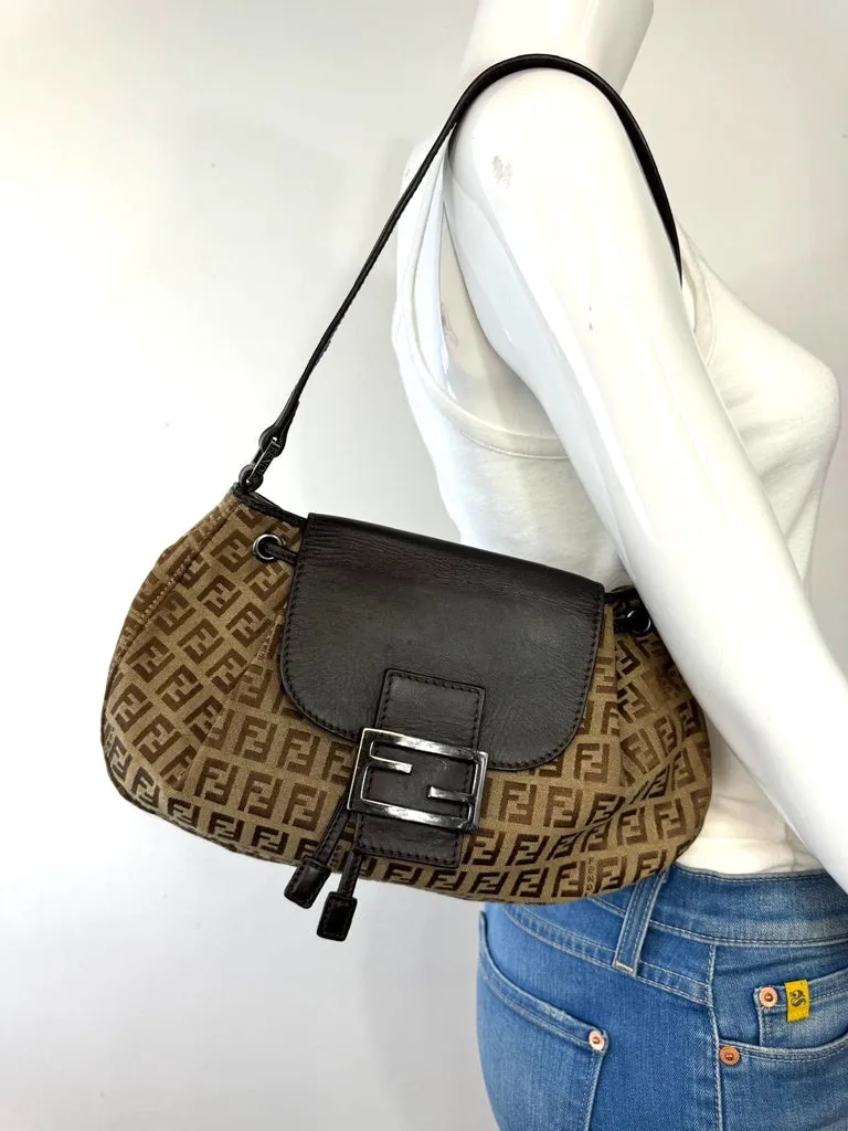 FENDI ZUCCHINO VINTAGE CANVAS & LEATHER SHOULDER BAG