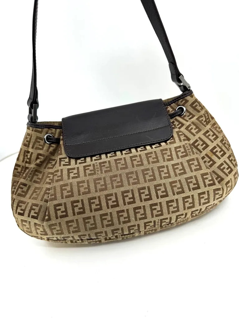 FENDI ZUCCHINO VINTAGE CANVAS & LEATHER SHOULDER BAG