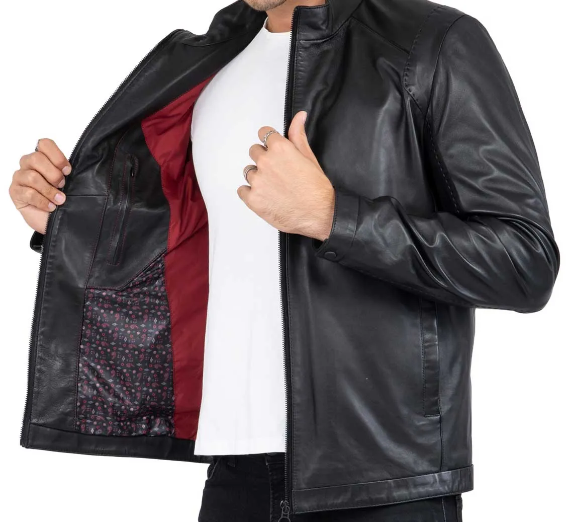 Genuine Real Lamb Leather Black Jacket for Men Tailored Fit - B204