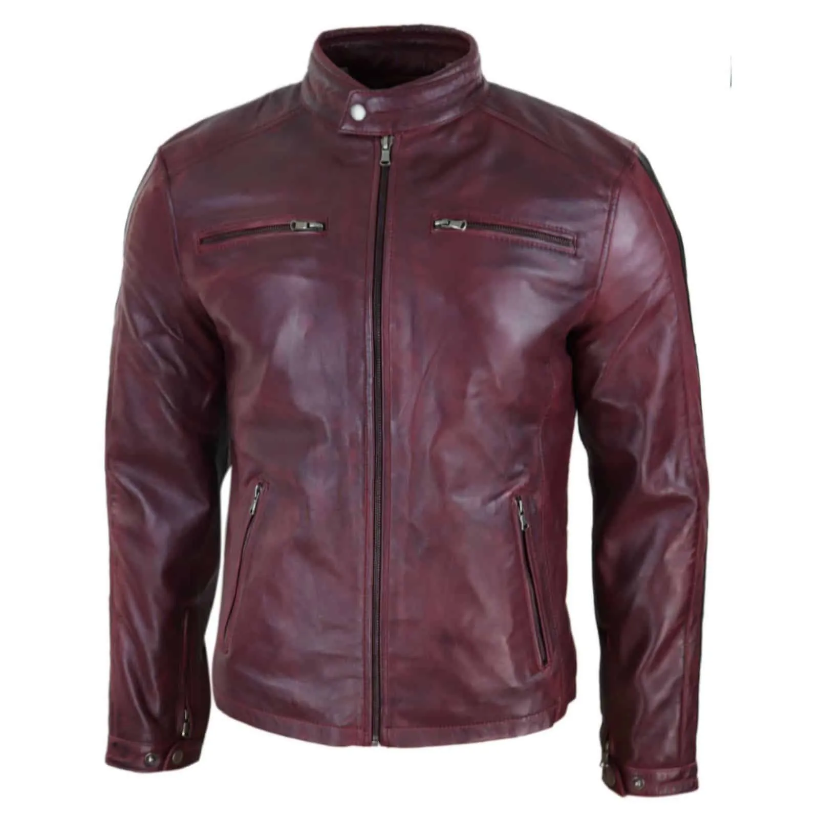 Genuine Real Leather Biker Jacket for Men - Wine Colour