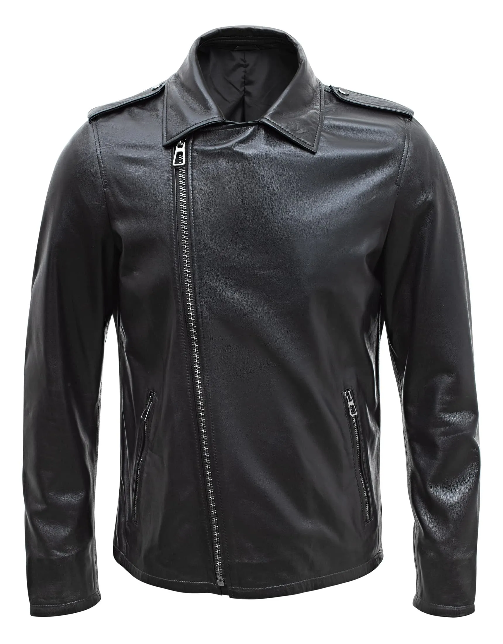 Happy Gentleman B104 - Geuine Leather Cross-Zip Brando Black Slim Fit Jacket for Men