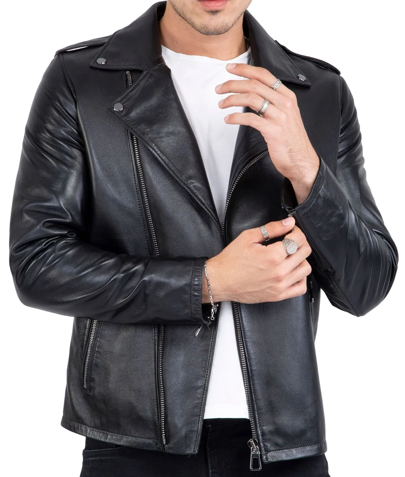 Happy Gentleman B104 - Geuine Leather Cross-Zip Brando Black Slim Fit Jacket for Men