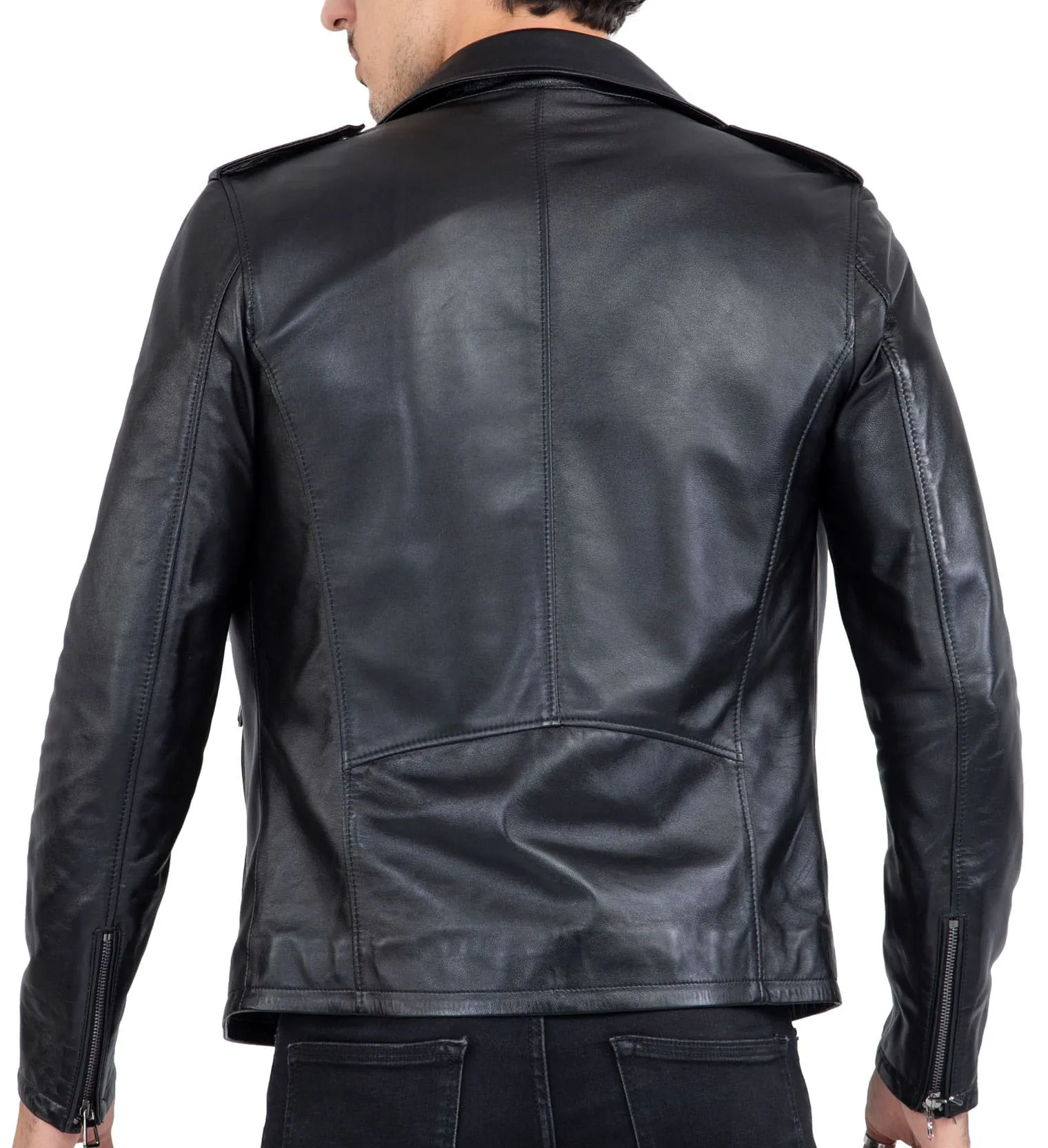 Happy Gentleman B104 - Geuine Leather Cross-Zip Brando Black Slim Fit Jacket for Men