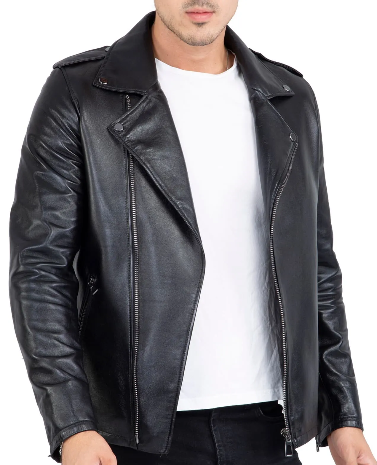 Happy Gentleman B104 - Geuine Leather Cross-Zip Brando Black Slim Fit Jacket for Men