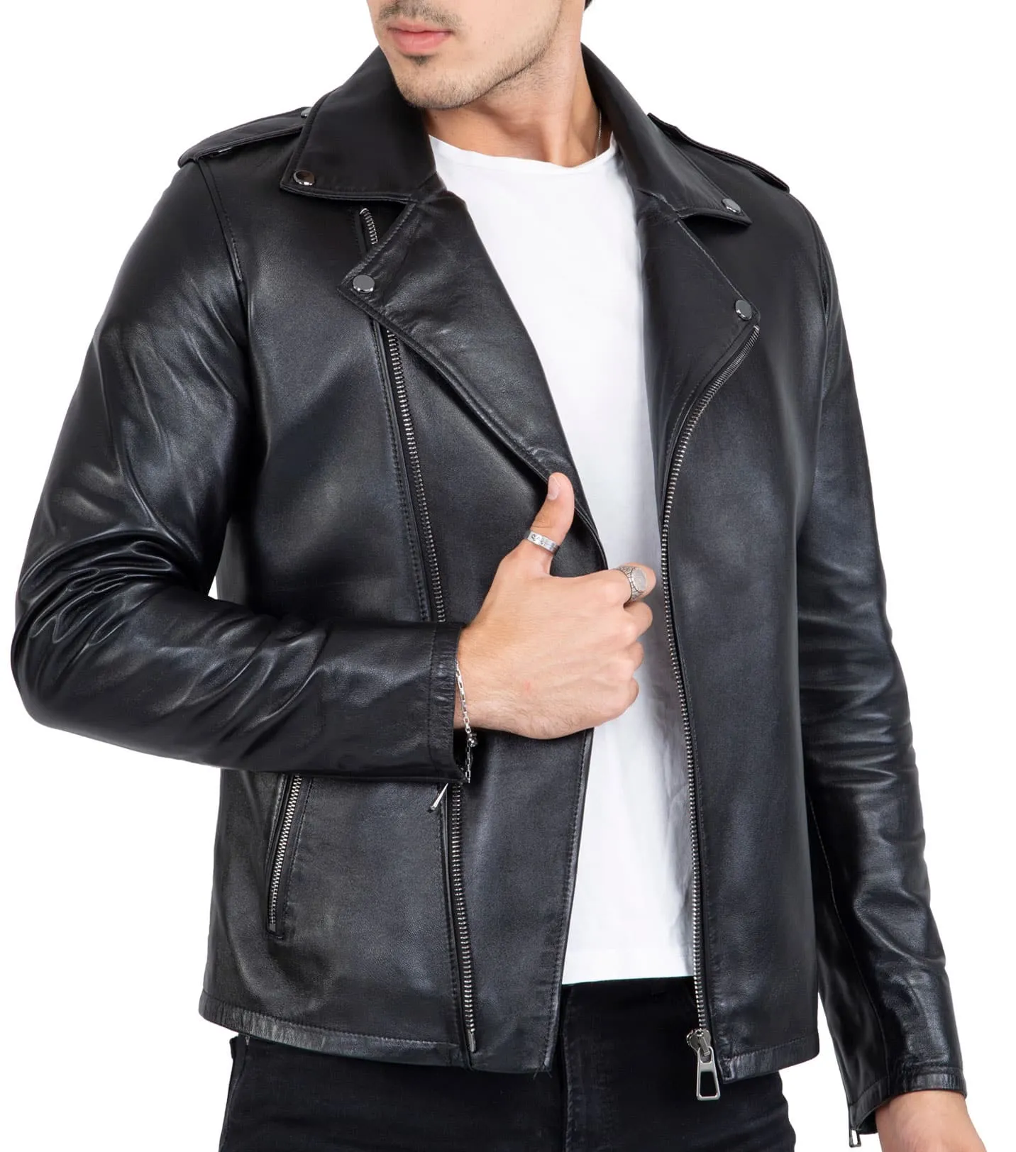 Happy Gentleman B104 - Geuine Leather Cross-Zip Brando Black Slim Fit Jacket for Men