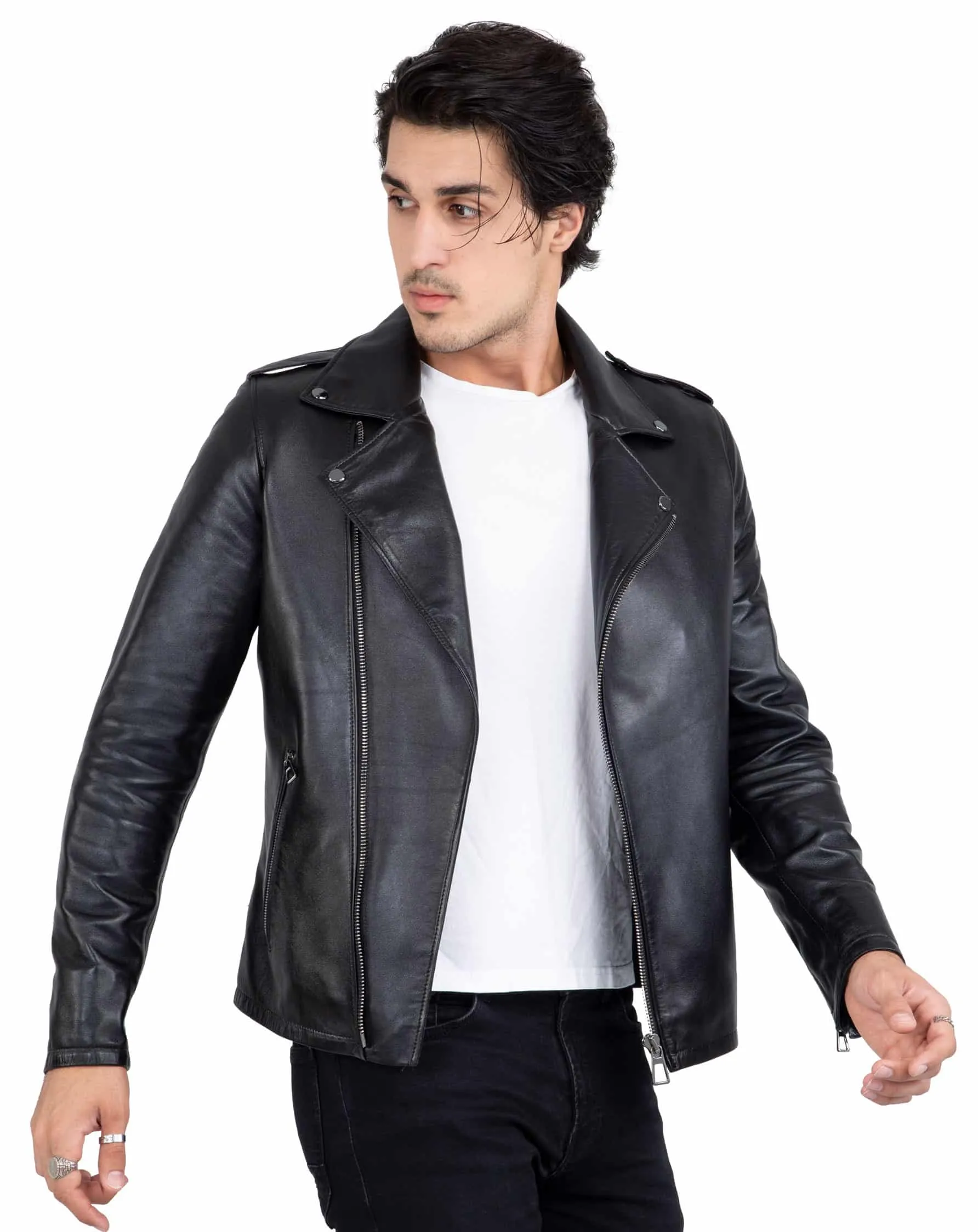 Happy Gentleman B104 - Geuine Leather Cross-Zip Brando Black Slim Fit Jacket for Men