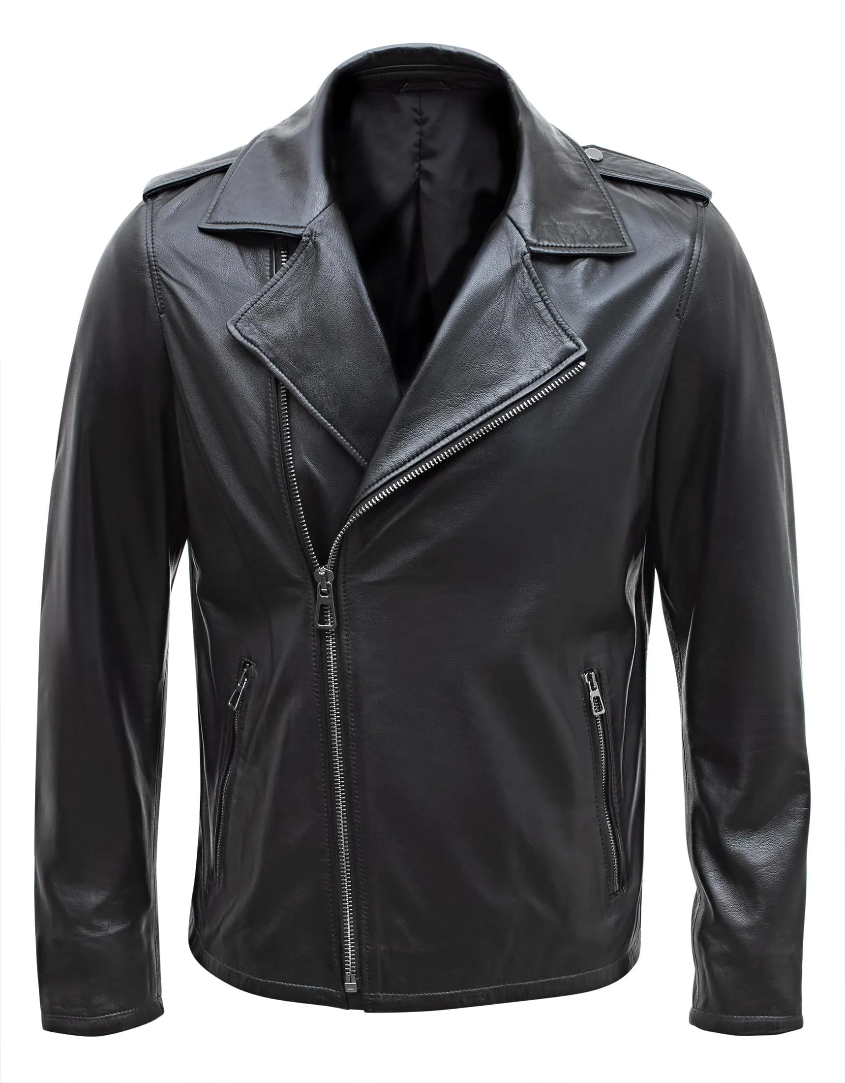 Happy Gentleman B104 - Geuine Leather Cross-Zip Brando Black Slim Fit Jacket for Men