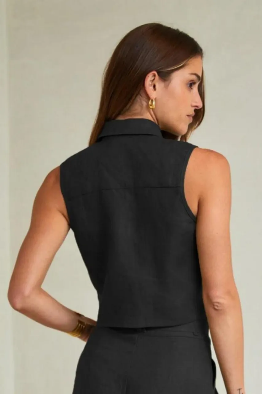 Hevron Katja Sleeveless Button-down Top in Black