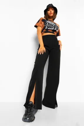 High Waisted Split Front Woven Wide Leg Pants